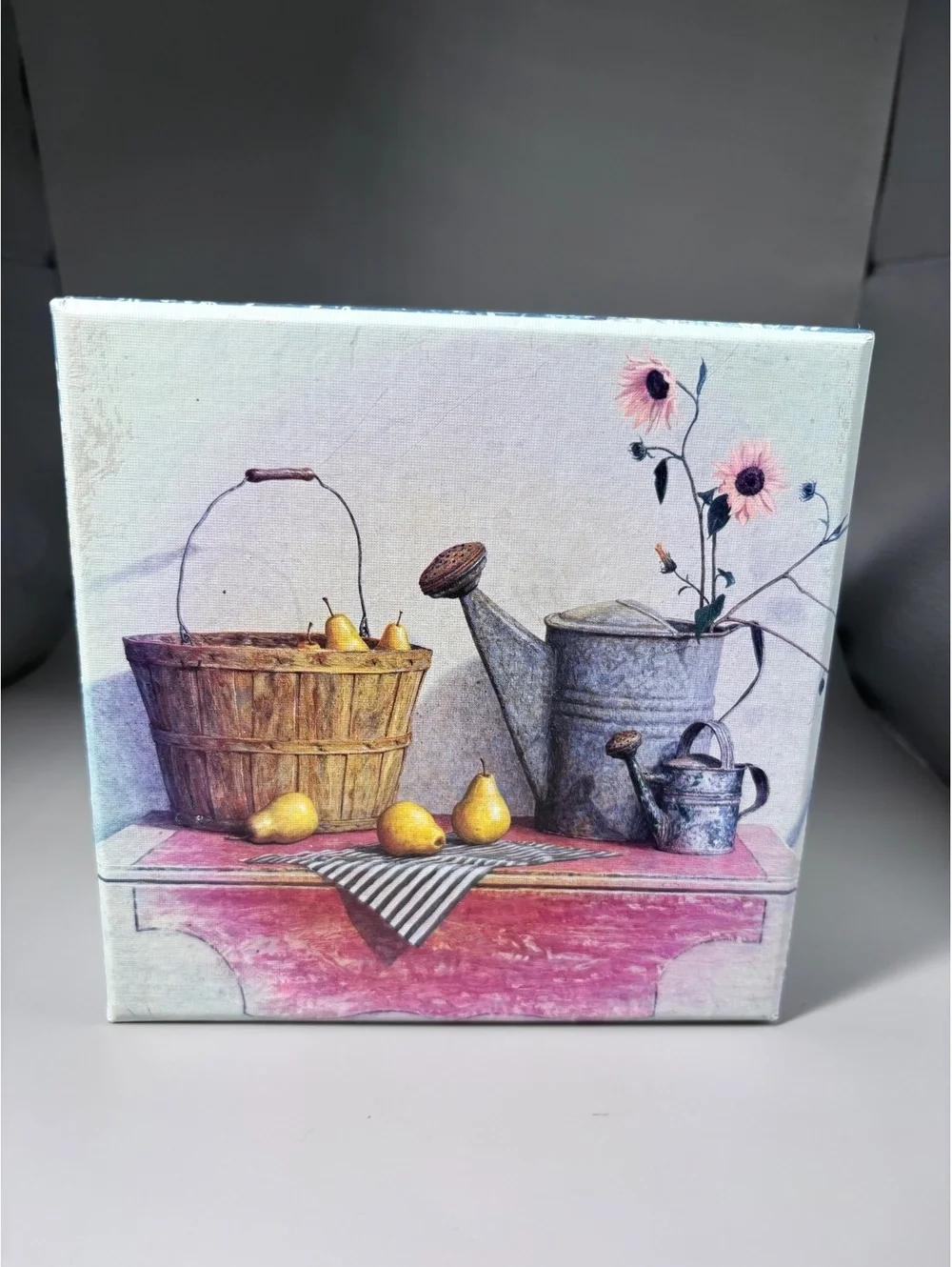 Vintage Floral Square Gift Box with Lid, Still Life Basket Design, 6x6x5.5